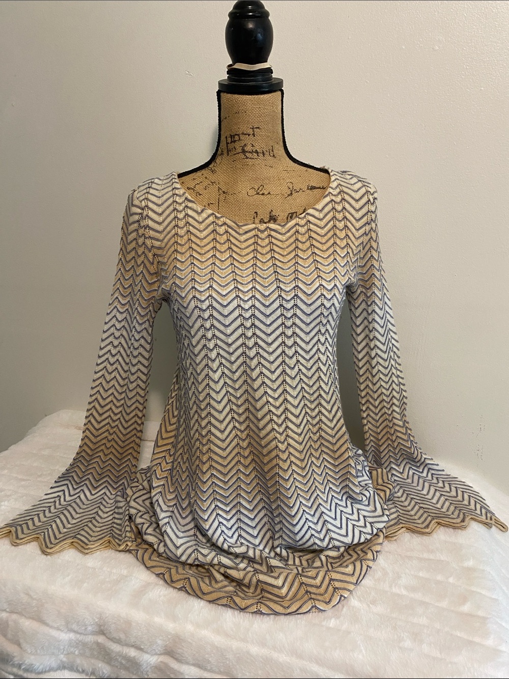 Free People Chevron Knit Boho Beach Dress in Cream, Tan, White, and Grey Multi